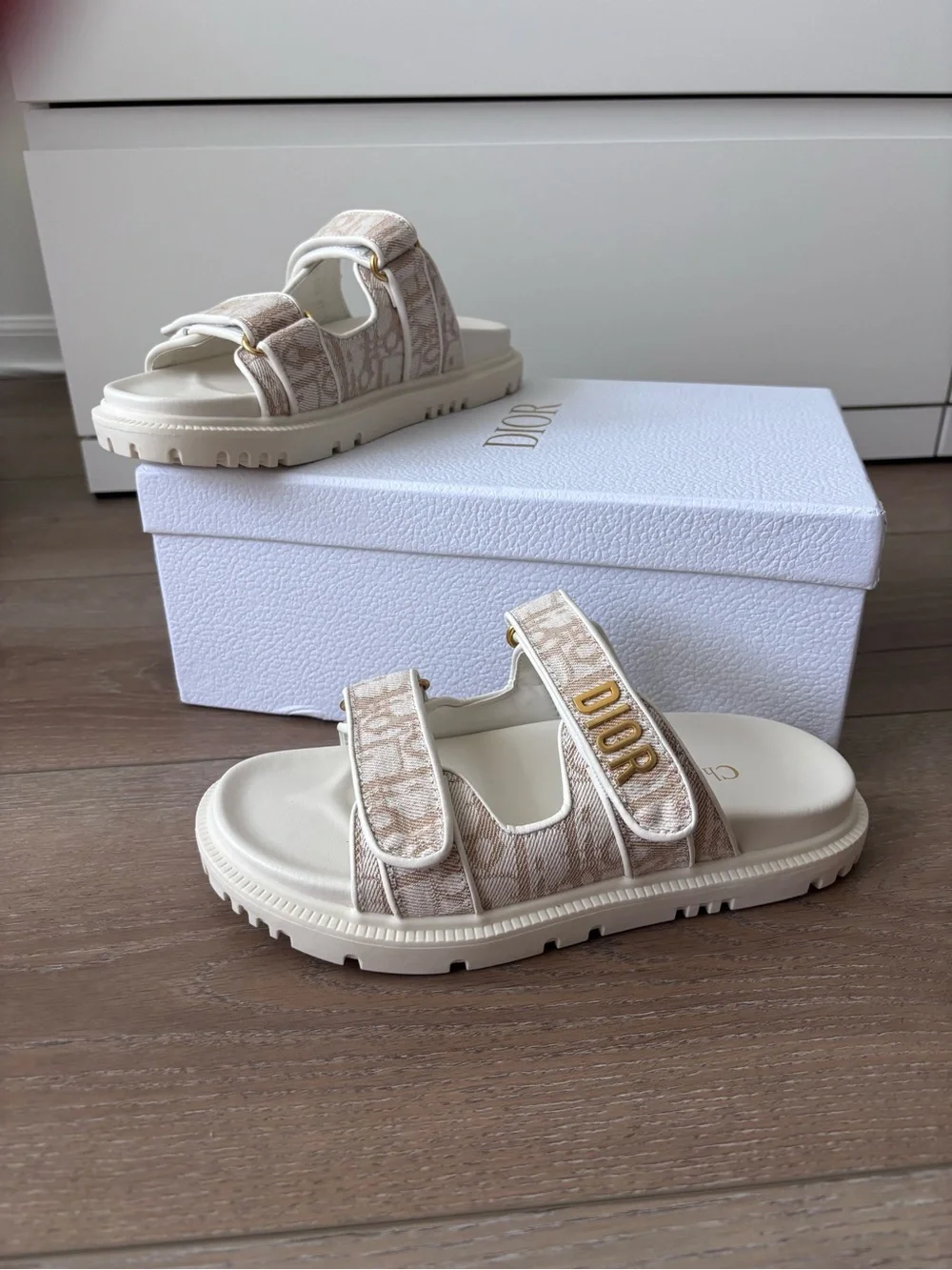 Dior Beige and Cream Logo Strap Slide Sandals